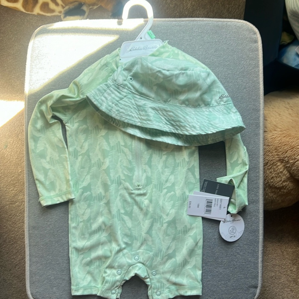 NWT 18Mo Boys Eddie Bauer ZipUp Long Sleeve One Piece Bathing Suit w/ Hat UPF 30